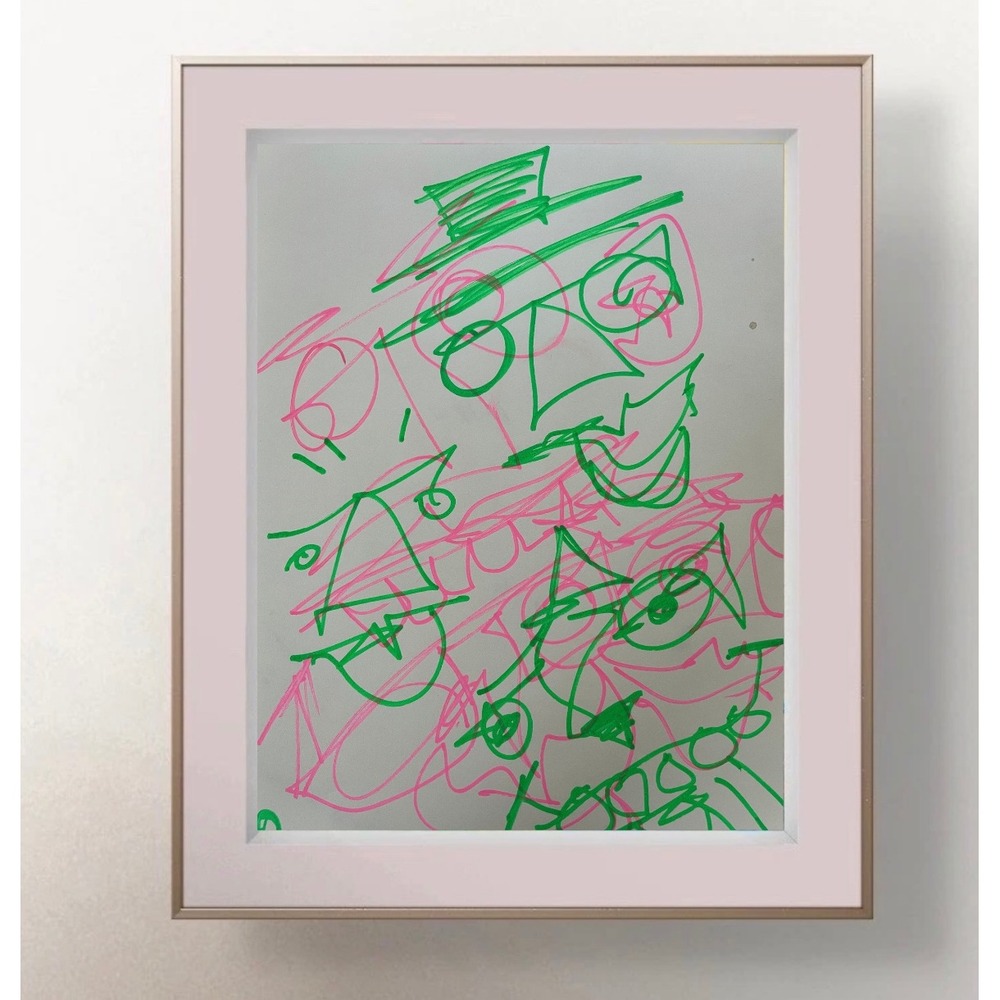 OMAN 8.5x11 Original Abstract Art Faces Top Hat Green Spiritual Modern Drawing